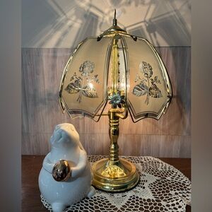 Vintage Gold and Etched Glass Panel Floral Table Lamp Touch Turn On Off